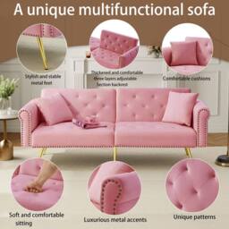 Merax Two Seater Velvet Sofa Bed with Adjustable Backrest in Pink - thumbnail 5
