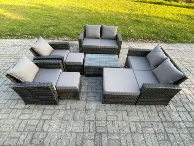 Fimous Garden Furniture Sets 8 Pieces Outdoor Rattan Furniture Manual Wicker Patio Sofa Chair Set with Coffee Table 3 Footstool in Dark Grey