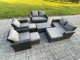 Fimous Garden Furniture Sets 8 Pieces Outdoor Rattan Furniture Manual Wicker Patio Sofa Chair Set with Coffee Table 3 Footstool in Dark Grey - thumbnail 2