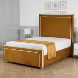 Living Comfort Bedz Verona Upholstered Bed Frame Slatted Base with 48 Inch Headboard in Mustard - Size: King