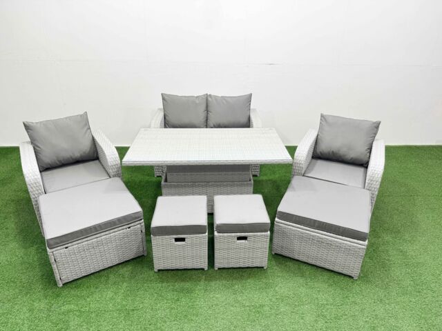 Fimous 8 PCs Rising Dining Table Set Reclining Chair Inclining Love Sofa Seat in Light Grey - image 1