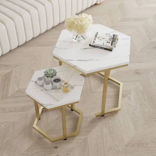 VOGREX 2Pcs White Marble MDF Gold Frame Nesting Side Tables - image 1