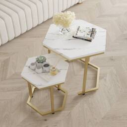 VOGREX 2Pcs White Marble MDF Gold Frame Nesting Side Tables