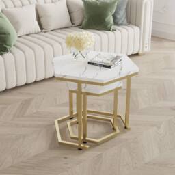 VOGREX 2Pcs White Marble MDF Gold Frame Nesting Side Tables - thumbnail 4