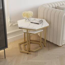 VOGREX 2Pcs White Marble MDF Gold Frame Nesting Side Tables - thumbnail 3