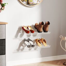 Gymax Closet Shelves Wall Mounted Set of 2 Metal Wire Shoe Racks-White in White - thumbnail 9