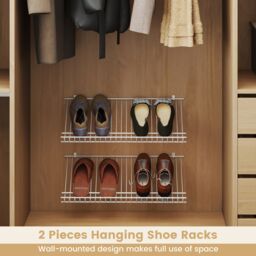 Gymax Closet Shelves Wall Mounted Set of 2 Metal Wire Shoe Racks-White in White - thumbnail 8