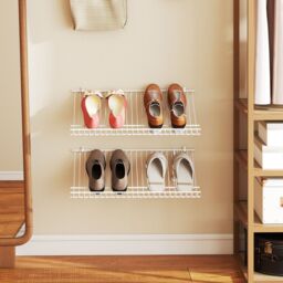 Gymax Closet Shelves Wall Mounted Set of 2 Metal Wire Shoe Racks-White in White - thumbnail 4