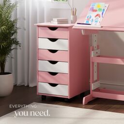 tectake Chest of Drawers, 6 Drawer Wooden Filing Cabinet with 4 Swivel Wheels in Rose - Size: 1 Pack - thumbnail 7