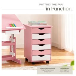 tectake Chest of Drawers, 6 Drawer Wooden Filing Cabinet with 4 Swivel Wheels in Rose - Size: 1 Pack - thumbnail 4