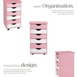 tectake Chest of Drawers, 6 Drawer Wooden Filing Cabinet with 4 Swivel Wheels in Rose - Size: 1 Pack - thumbnail 3