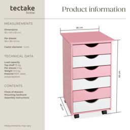 tectake Chest of Drawers, 6 Drawer Wooden Filing Cabinet with 4 Swivel Wheels in Rose - Size: 1 Pack - thumbnail 6