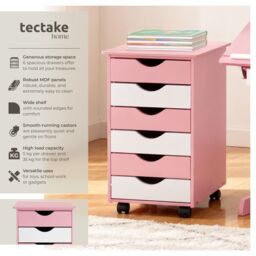 tectake Chest of Drawers, 6 Drawer Wooden Filing Cabinet with 4 Swivel Wheels in Rose - Size: 1 Pack - thumbnail 2