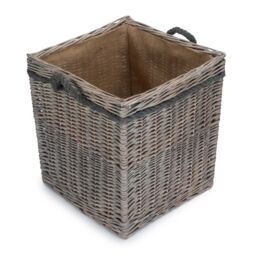 Red Hamper Large Wicker Grey Wash Square Hessian Lined Log Basket - thumbnail 2