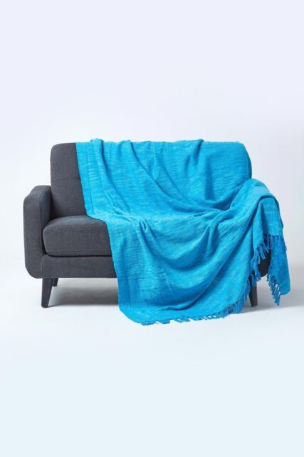 Homescapes Nirvana Slub Cotton Throw in Teal - Size: 150 cm x 200 cm - image 1