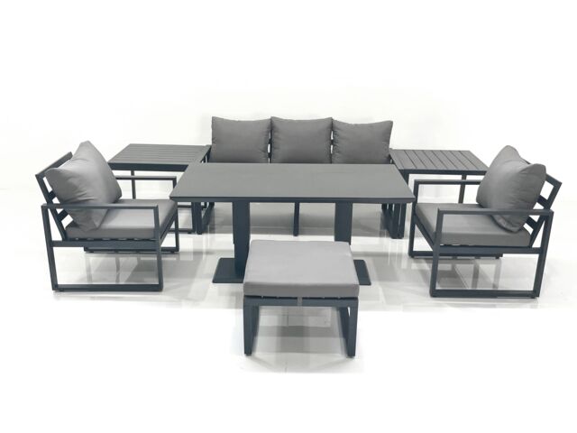 Fimous Outdoor Aluminium Garden Furniture Set with Adjustable Rising Lifting Dining Table 3 Seater Sofa 2 Chair Big Footstool 2 Side Tables Dark Grey - image 1