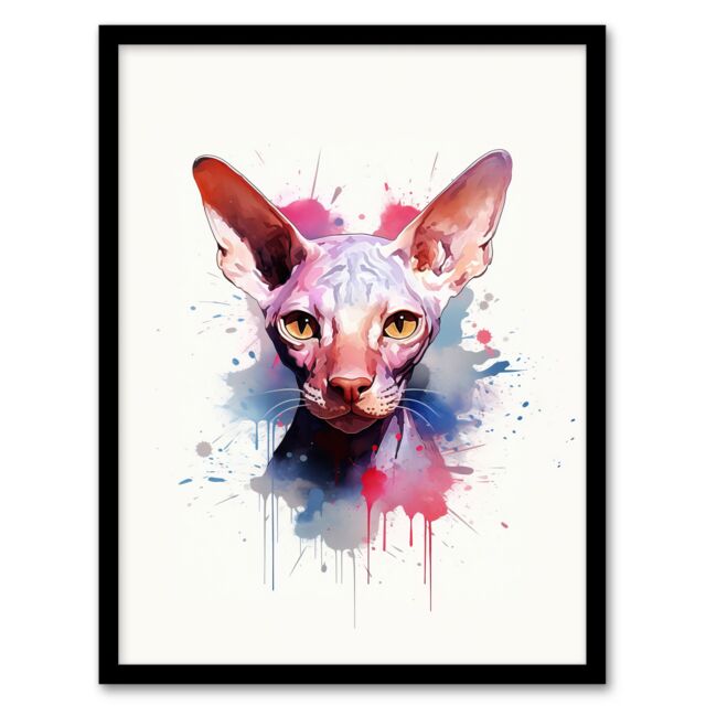 "Artery8 Wall Art Print Sphynx Cat Lovers Gift Watercolour Pet Portrait Painting Artwork Art Framed - Size: W12"" x H16""" - image 1