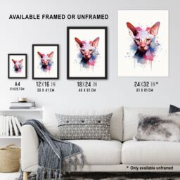 "Artery8 Wall Art Print Sphynx Cat Lovers Gift Watercolour Pet Portrait Painting Artwork Art Framed - Size: W12"" x H16""" - thumbnail 3