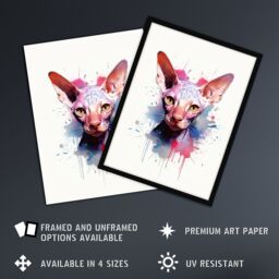"Artery8 Wall Art Print Sphynx Cat Lovers Gift Watercolour Pet Portrait Painting Artwork Art Framed - Size: W12"" x H16""" - thumbnail 2