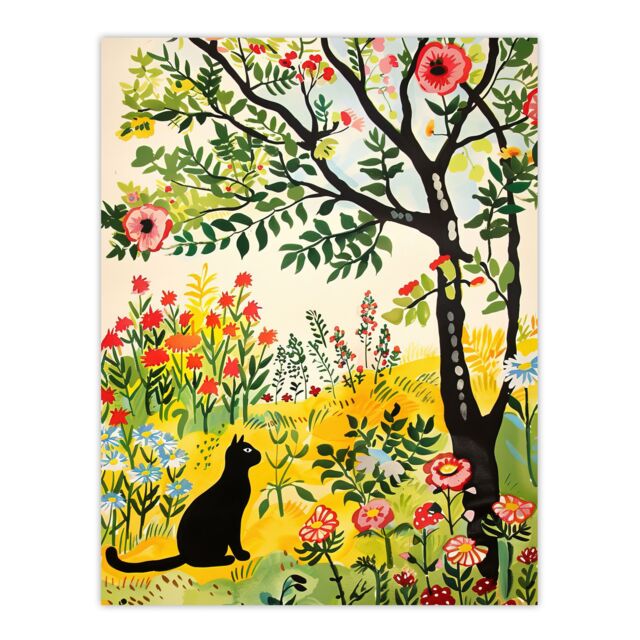"Artery8 Cat Under Tree in Wildflowers Folk Art Painting Wall Art Print - Size: W24"" x H32""" - image 1