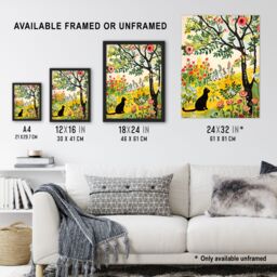 "Artery8 Cat Under Tree in Wildflowers Folk Art Painting Wall Art Print - Size: W24"" x H32""" - thumbnail 3