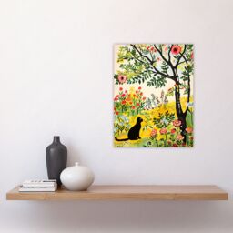 "Artery8 Cat Under Tree in Wildflowers Folk Art Painting Wall Art Print - Size: W24"" x H32""" - thumbnail 4