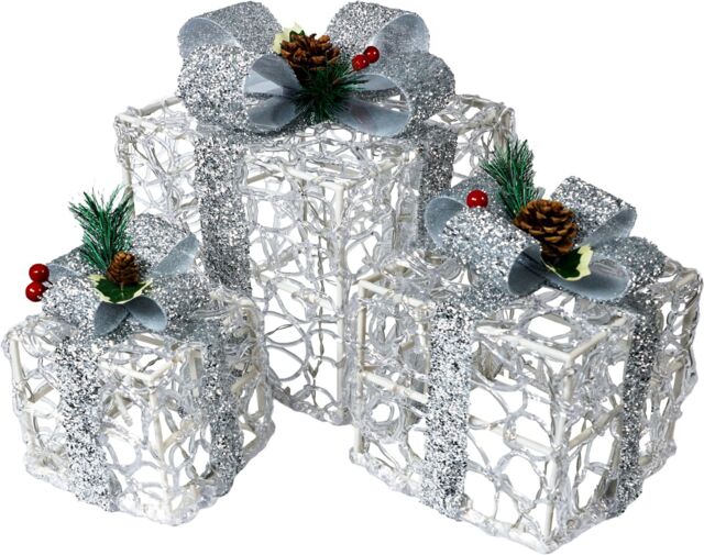 Netagon Set of 3 LED Light Up Battery Operated Christmas Boxes With Timer- Silver - image 1