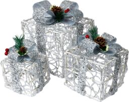 Netagon Set of 3 LED Light Up Battery Operated Christmas Boxes With Timer- Silver - thumbnail 1