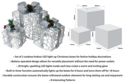Netagon Set of 3 LED Light Up Battery Operated Christmas Boxes With Timer- Silver - thumbnail 2