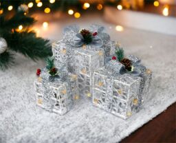 Netagon Set of 3 LED Light Up Battery Operated Christmas Boxes With Timer- Silver - thumbnail 3