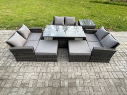 Fimous Wicker PE Rattan Garden Furniture Set Height Adjustable Rising Lifting Table Sofa Dining Set with 2 Big Footstool in Dark Grey - thumbnail 1