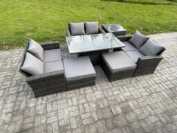 Fimous Wicker PE Rattan Garden Furniture Set Height Adjustable Rising Lifting Table Sofa Dining Set with 2 Big Footstool in Dark Grey - thumbnail 2