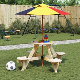 Berkfield Home Picnic Table for 4 Kids with Umbrella Hole Round Solid Wood Fir in Brown - thumbnail 3