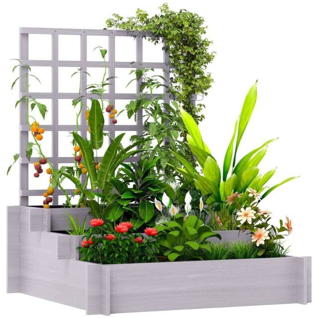 KORVIXA 3 Tier Wooden Garden Planters with Trellis in Grey - Size: 1.25kg - image 1