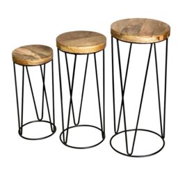 Jaipur Furniture Ltd Ravi Iron Base Solid Wood Top Round Stool (Set of 3) - L30 x W30 x H69 cm - Mango Light Finish in Brown - thumbnail 2