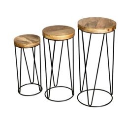 Jaipur Furniture Ltd Ravi Iron Base Solid Wood Top Round Stool (Set of 3) - L30 x W30 x H69 cm - Mango Light Finish in Brown