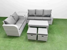Fimous 7 Seater PE Rattan Wicker Garden Furniture Patio Conservatory Sofa Set with Oblong Coffee Table 3 Seater Sofa Love Sofa 2 Stools Side Table - thumbnail 2