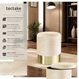 tectake Stool Sarina - Round, Padded, Velvet Look, Large Storage Space in Cream - thumbnail 2