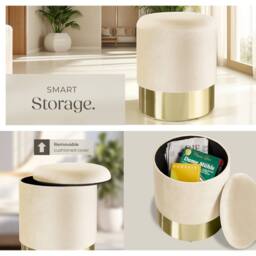 tectake Stool Sarina - Round, Padded, Velvet Look, Large Storage Space in Cream - thumbnail 5