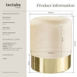 tectake Stool Sarina - Round, Padded, Velvet Look, Large Storage Space in Cream - thumbnail 6