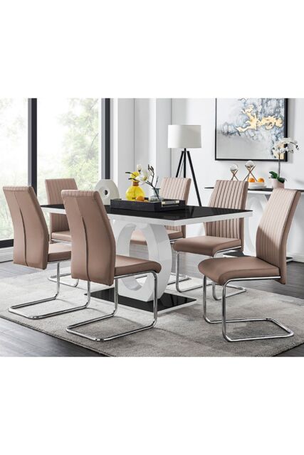 FurnitureboxUK Giovani High Gloss & Glass Dining Table & 6 Lorenzo Chairs Set in Beige - image 1