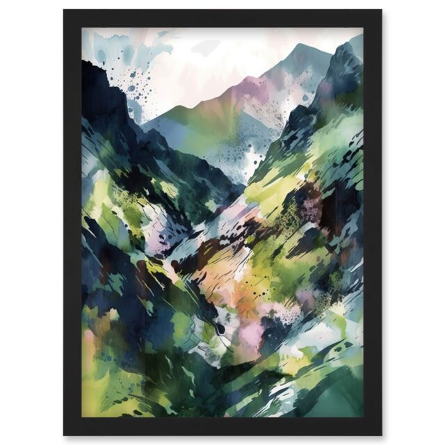 Artery8 Spring Mountain Slope Landscape Modern Linocut Illustration Print Artwork Framed Wall Art Print A4 in Black - image 1