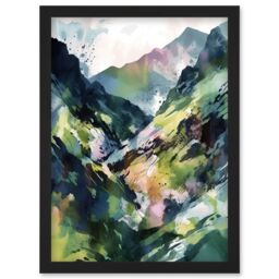 Artery8 Spring Mountain Slope Landscape Modern Linocut Illustration Print Artwork Framed Wall Art Print A4 in Black - thumbnail 1