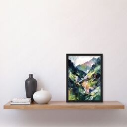 Artery8 Spring Mountain Slope Landscape Modern Linocut Illustration Print Artwork Framed Wall Art Print A4 in Black - thumbnail 2