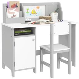 HOMCOM Kids Table & Chair Set 2 PCs Table & Chair Set w/ Whiteboard in Grey - thumbnail 2