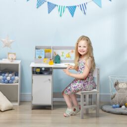 HOMCOM Kids Table & Chair Set 2 PCs Table & Chair Set w/ Whiteboard in Grey
