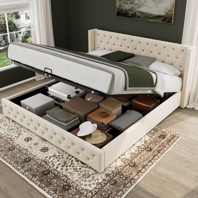 BTM Beige Velvet 150x200cm Upholstered Bed with Hydraulic Storage - Size: 150x200 cm - image 1