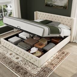 BTM Beige Velvet 150x200cm Upholstered Bed with Hydraulic Storage - Size: 150x200 cm - thumbnail 1
