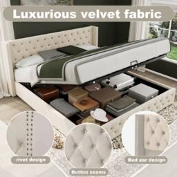 BTM Beige Velvet 150x200cm Upholstered Bed with Hydraulic Storage - Size: 150x200 cm - thumbnail 2