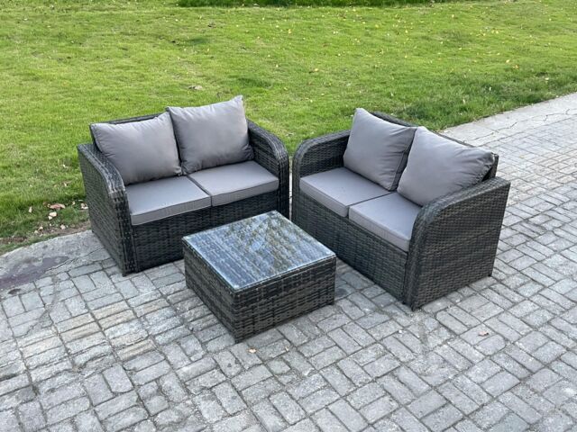 Fimous Rattan Sofa Set Outdoor Garden Furniture Set with Square Coffee Table Loveseat Sofa Dark Grey Mixed - image 1
